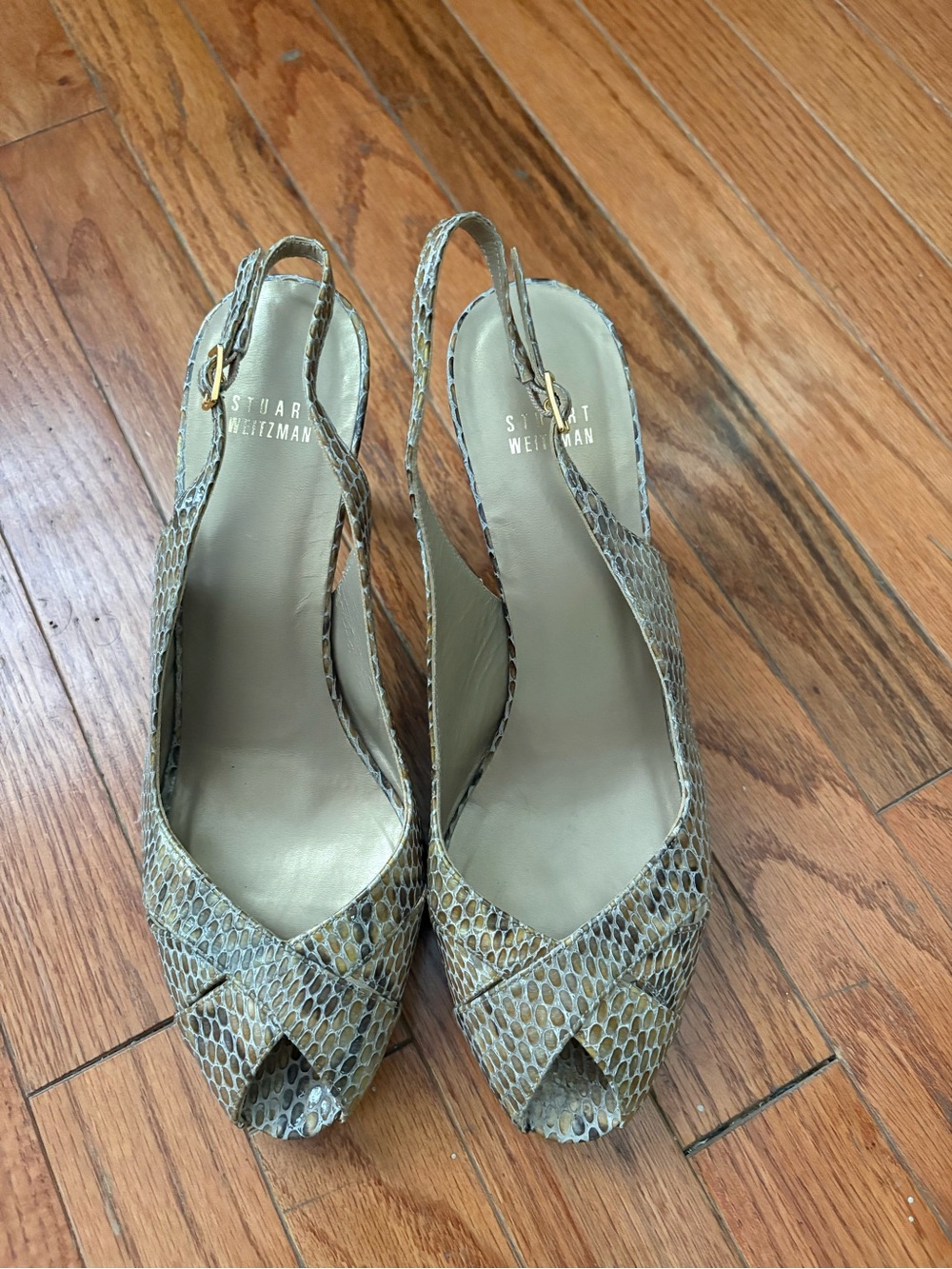 Stuart Weitzman snake-embossed leather slingback pumps  crisscrossed peep toe